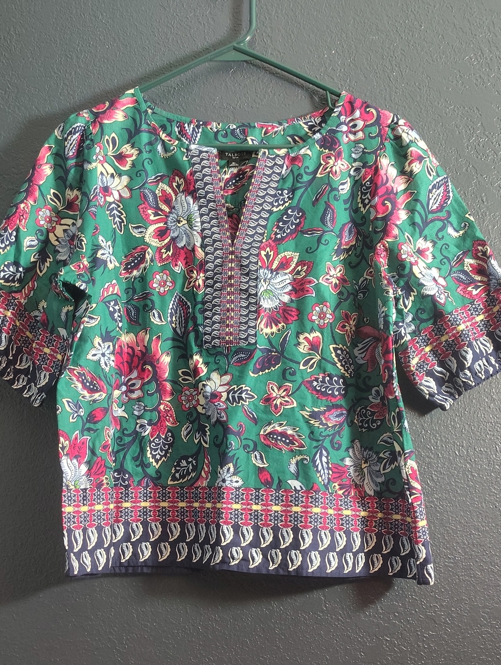 Talbots Green Floral Split-Neck Blouse with Pink & Navy Accents Petite M